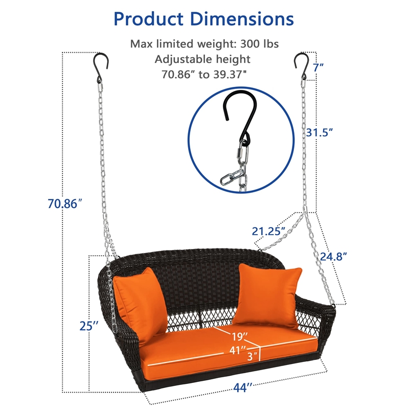 Jeco Wicker Porch Swing in Espresso with Orange Cushion