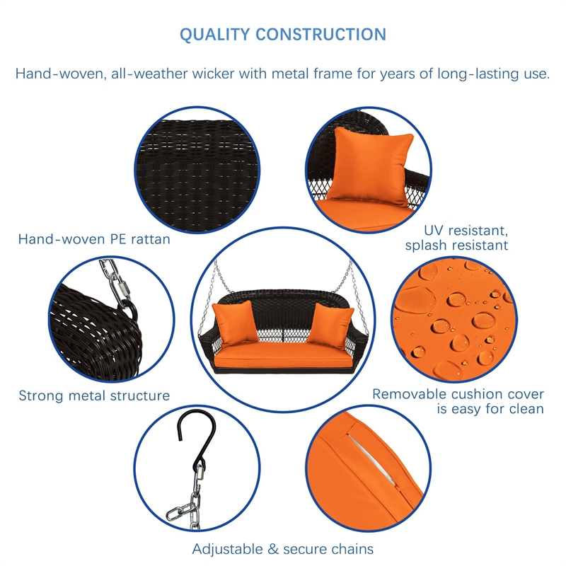 Jeco Wicker Porch Swing in Espresso with Orange Cushion