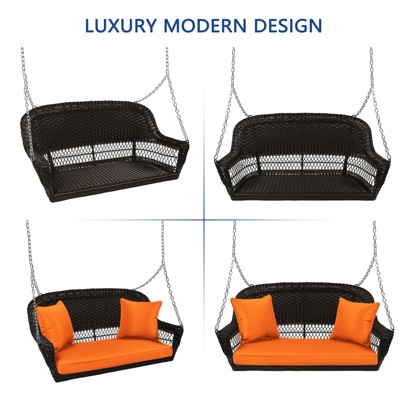 Jeco Wicker Porch Swing in Espresso with Orange Cushion