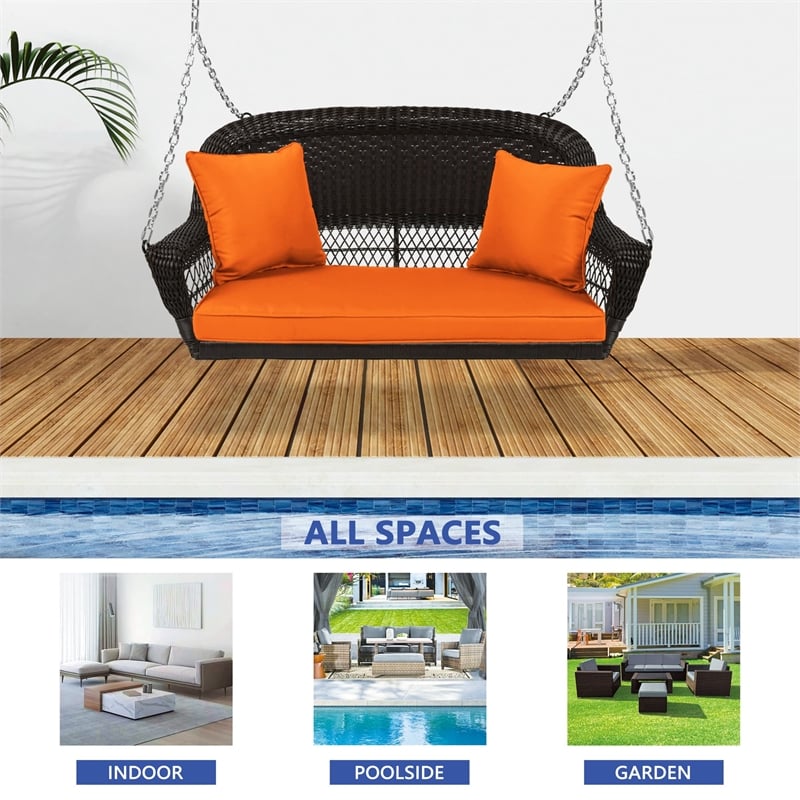 Jeco Wicker Porch Swing in Espresso with Orange Cushion