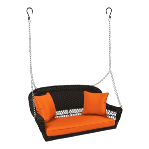 Jeco Wicker Porch Swing in Espresso with Orange Cushion
