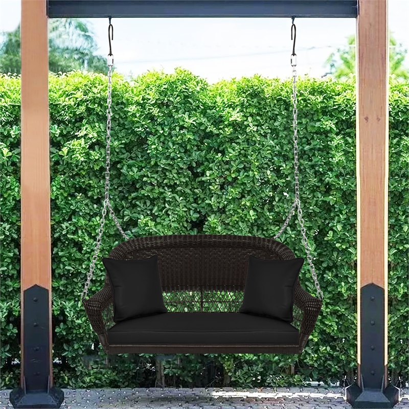 Jeco Wicker Porch Swing in Espresso with Black Cushion