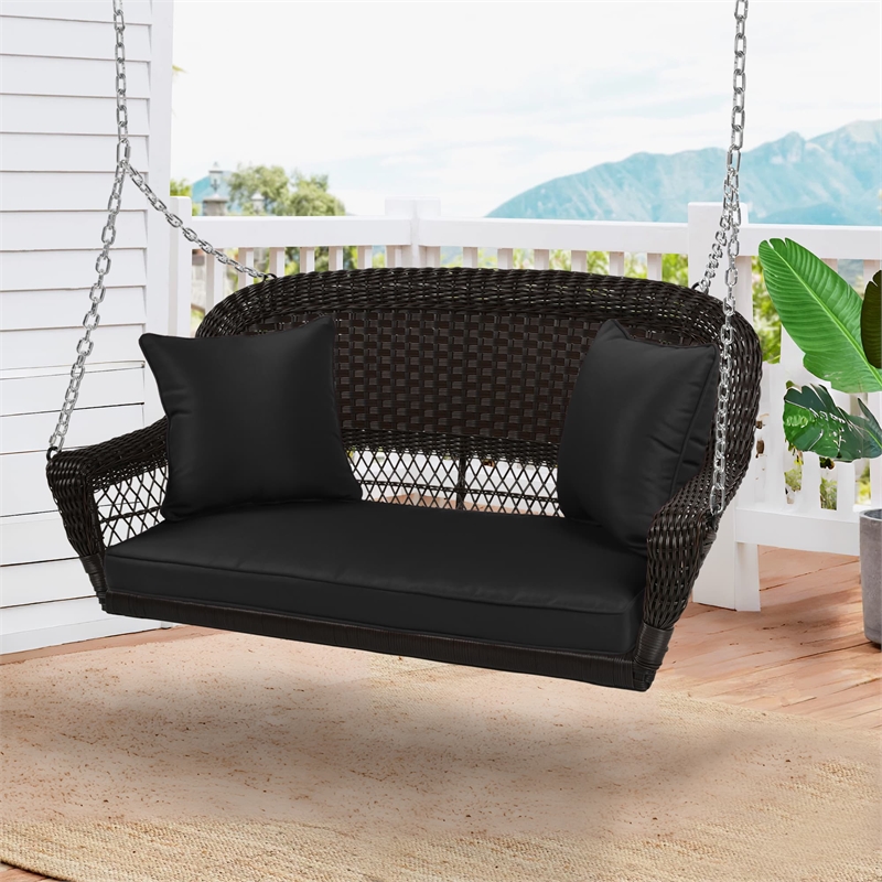 Jeco Wicker Porch Swing in Espresso with Black Cushion
