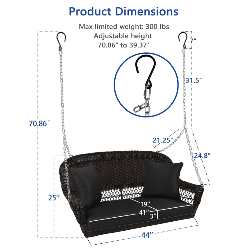 Jeco Wicker Porch Swing in Espresso with Black Cushion
