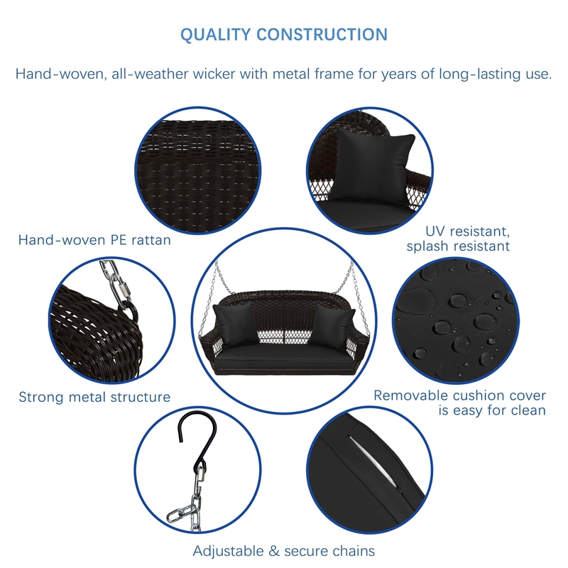 Jeco Wicker Porch Swing in Espresso with Black Cushion