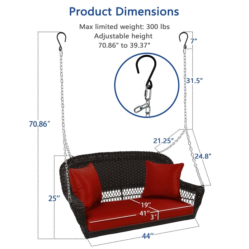 Jeco Wicker Porch Swing in Espresso with Red Cushion