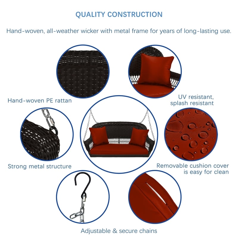 Jeco Wicker Porch Swing in Espresso with Red Cushion