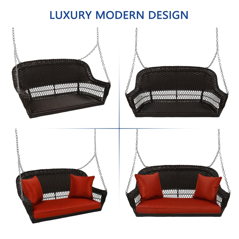 Jeco Wicker Porch Swing in Espresso with Red Cushion