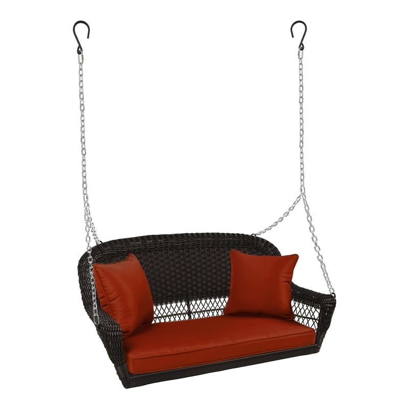 Jeco Wicker Porch Swing in Espresso with Red Cushion