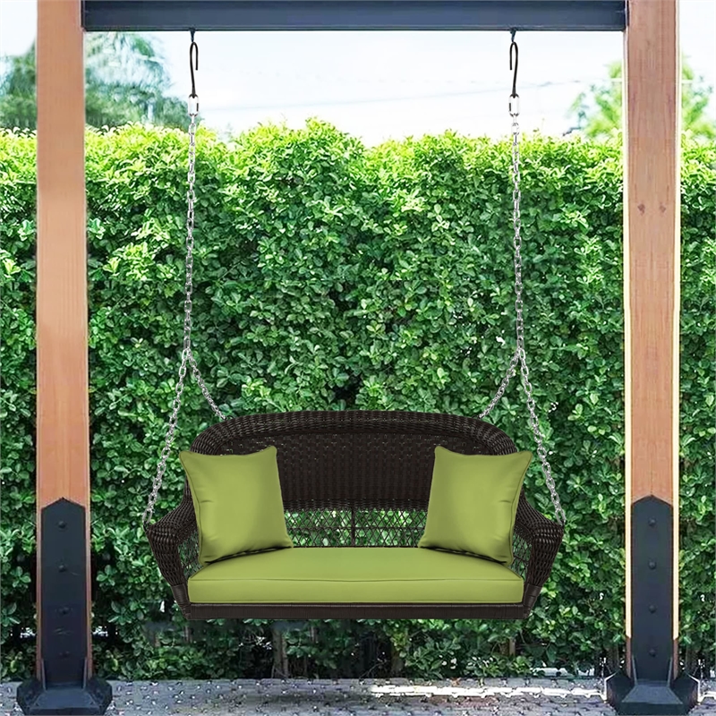 Jeco Wicker Porch Swing in Espresso with Green Cushion