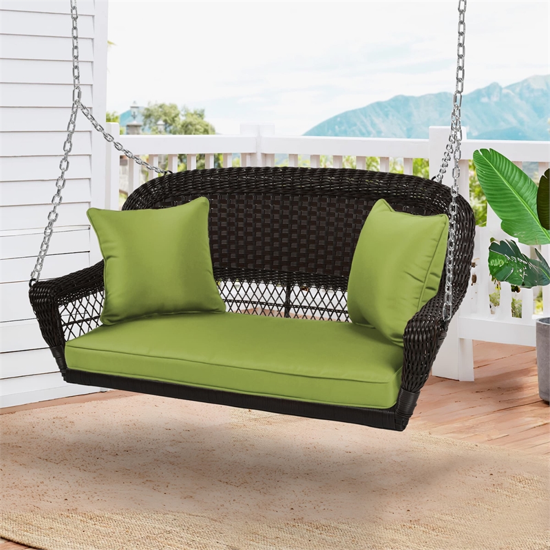 Jeco Wicker Porch Swing in Espresso with Green Cushion