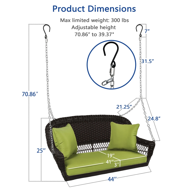 Jeco Wicker Porch Swing in Espresso with Green Cushion