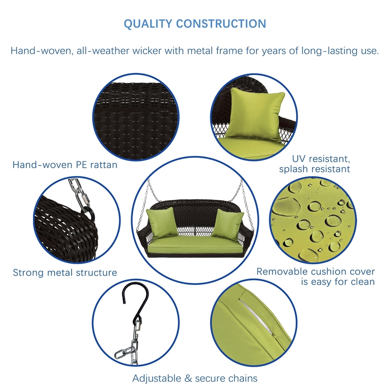 Jeco Wicker Porch Swing in Espresso with Green Cushion