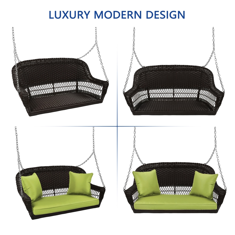 Jeco Wicker Porch Swing in Espresso with Green Cushion
