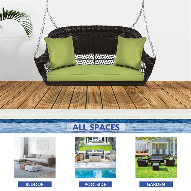 Jeco Wicker Porch Swing in Espresso with Green Cushion