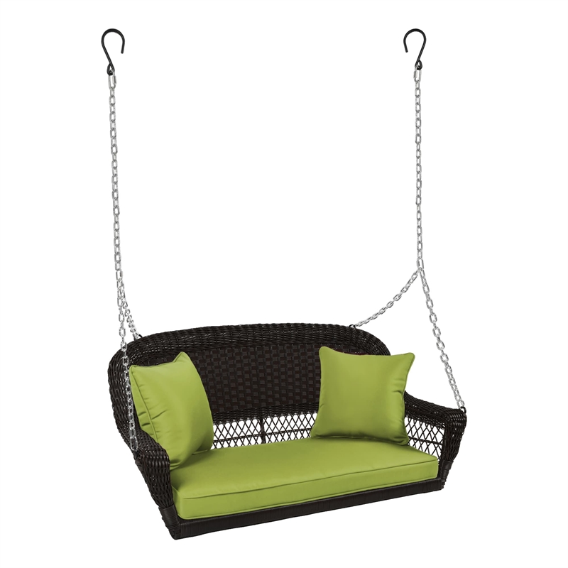 Jeco Wicker Porch Swing in Espresso with Green Cushion