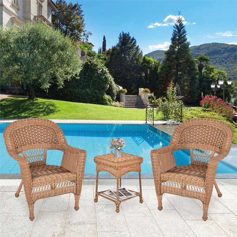 Jeco 3pc Wicker Chair and End Table Set in Honey without Cushion