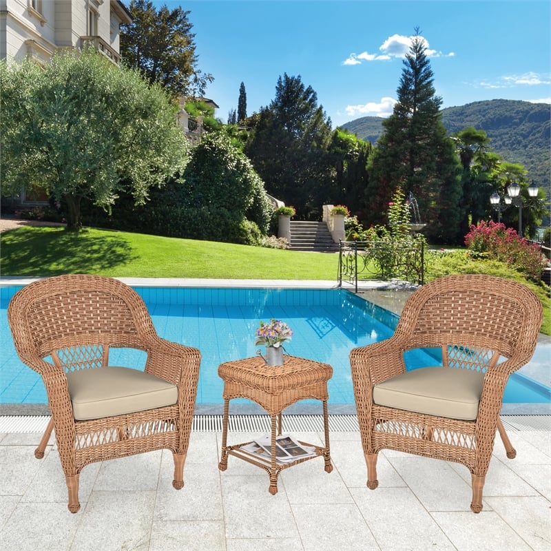 Jeco 3 Piece Resin Wicker Patio Conversation Set in Honey and White