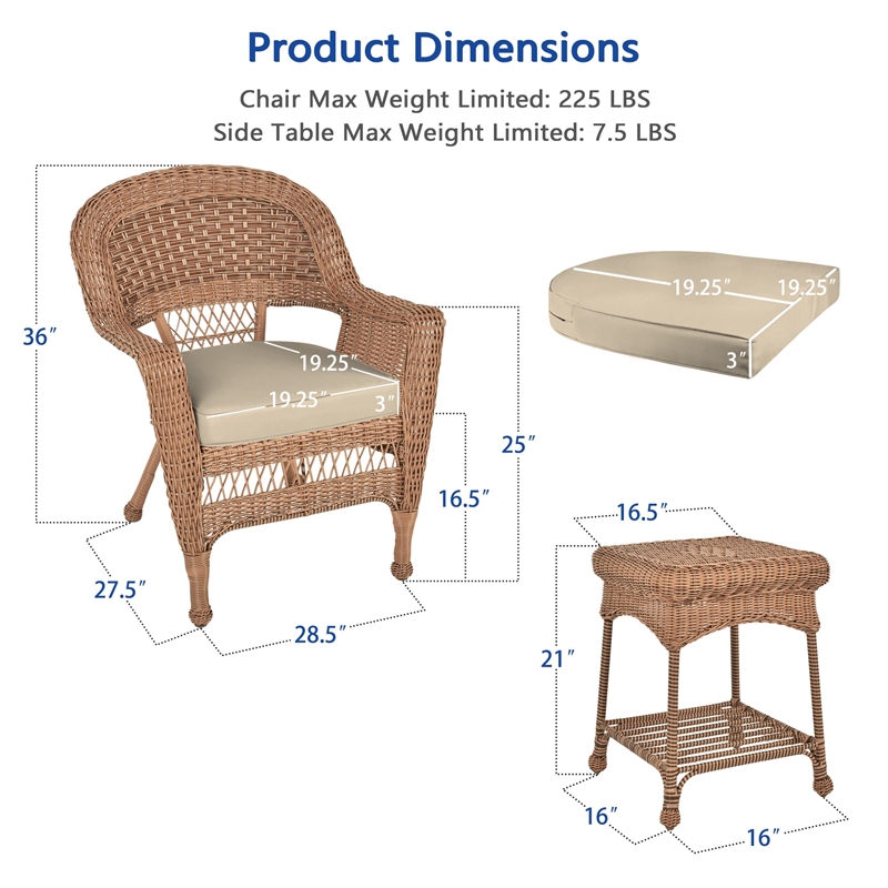 Jeco 3 Piece Resin Wicker Patio Conversation Set in Honey and White