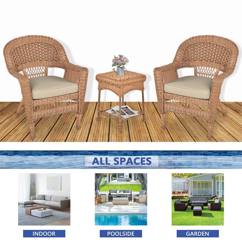Jeco 3 Piece Resin Wicker Patio Conversation Set in Honey and White