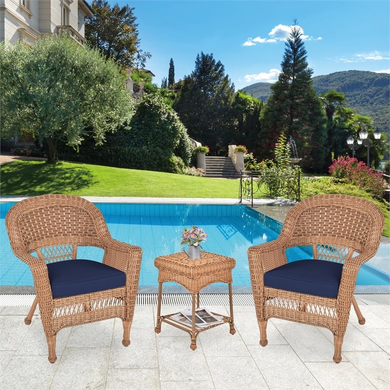 Jeco 3 Piece Resin Wicker Patio Conversation Set in Honey and Blue