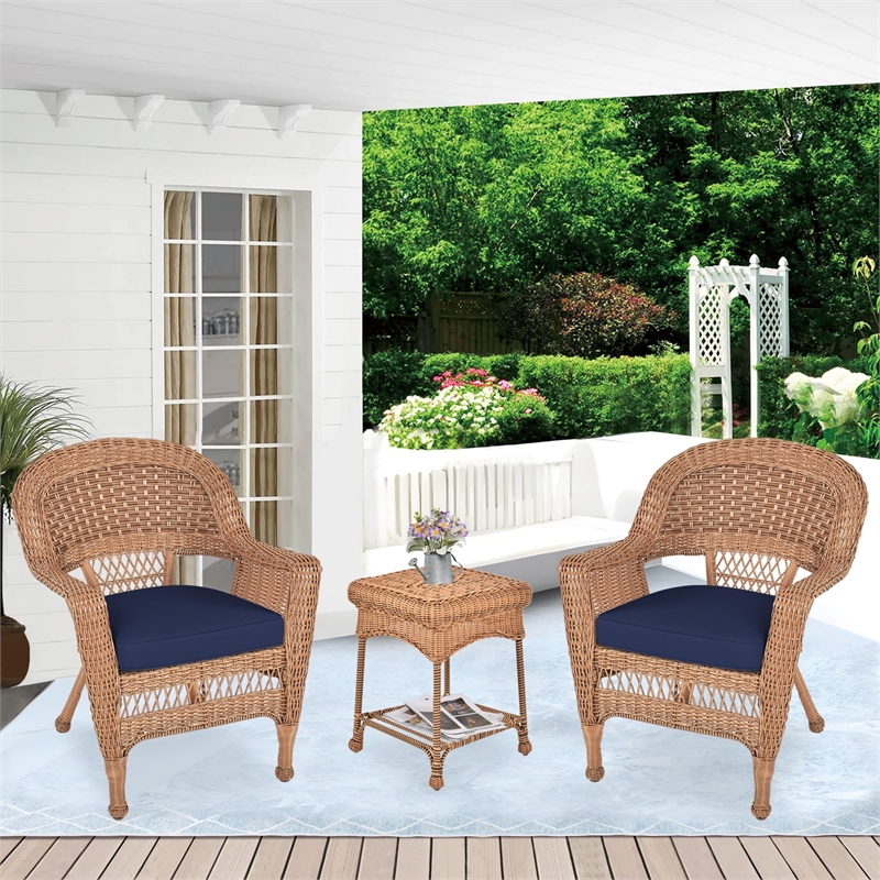 Jeco 3 Piece Resin Wicker Patio Conversation Set in Honey and Blue
