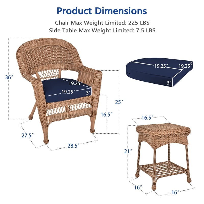 Jeco 3 Piece Resin Wicker Patio Conversation Set in Honey and Blue