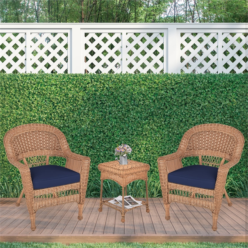 Jeco 3 Piece Resin Wicker Patio Conversation Set in Honey and Blue