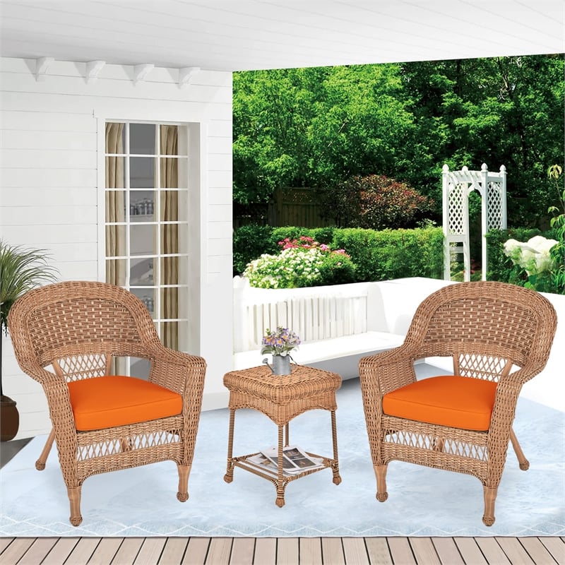 Jeco 3 Piece Resin Wicker Patio Conversation Set in Honey and Orange