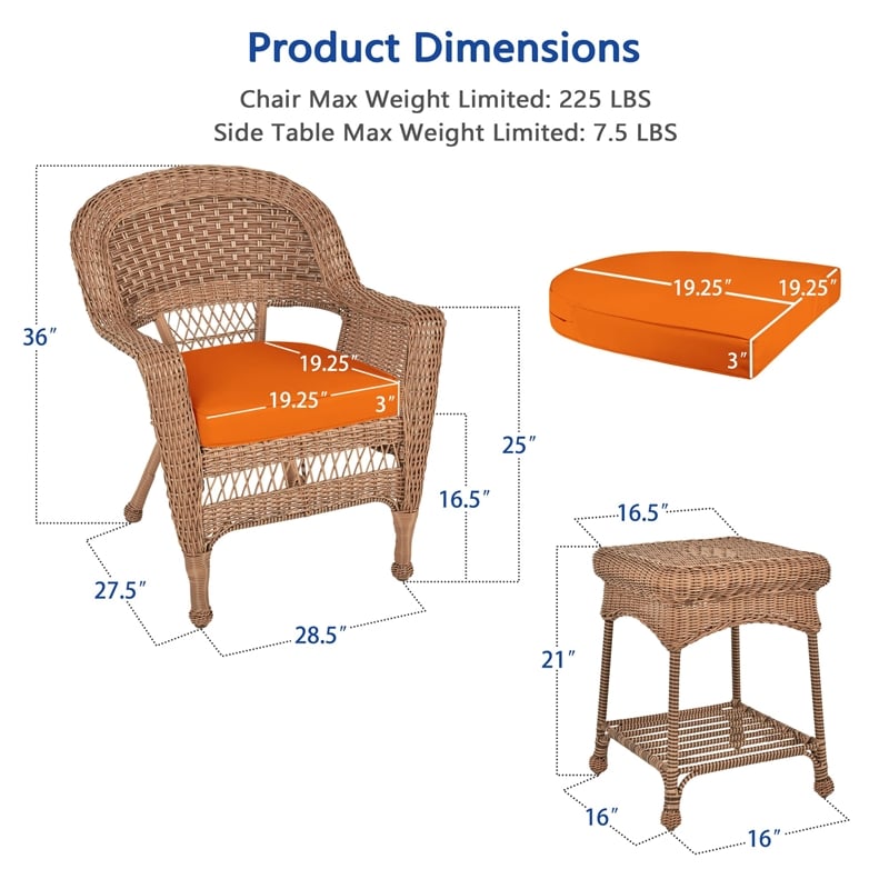 Jeco 3 Piece Resin Wicker Patio Conversation Set in Honey and Orange