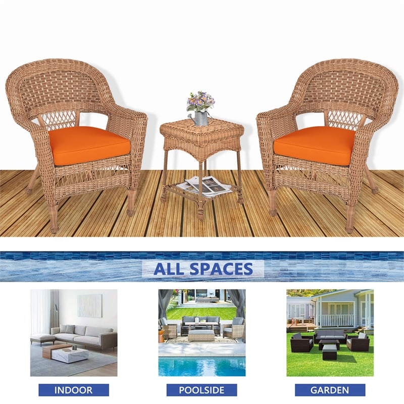 Jeco 3 Piece Resin Wicker Patio Conversation Set in Honey and Orange