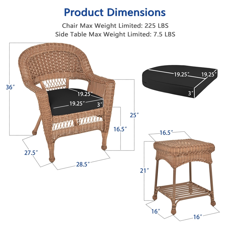Jeco 3 Piece Resin Wicker Patio Conversation Set in Honey and Black