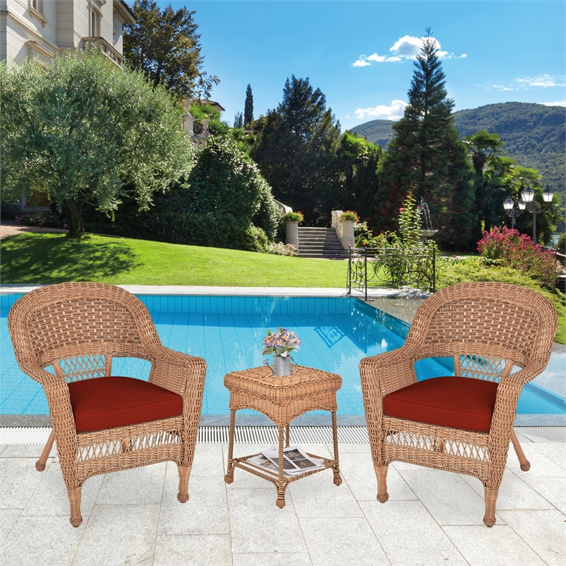 Jeco 3pc Wicker Chair and End Table Set in Honey with Red Orange Chair Cushion