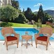 Jeco 3pc Wicker Chair and End Table Set in Honey with Red Orange Chair Cushion