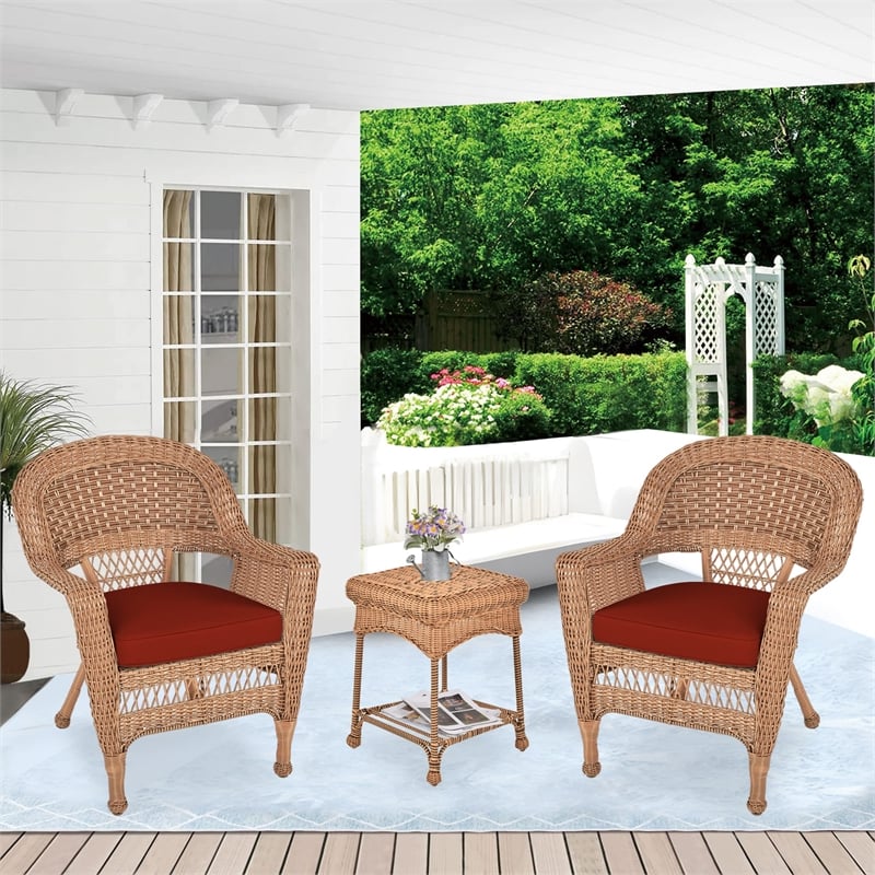 Jeco 3pc Wicker Chair and End Table Set in Honey with Red Orange Chair Cushion