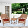 Jeco 3pc Wicker Chair and End Table Set in Honey with Red Orange Chair Cushion