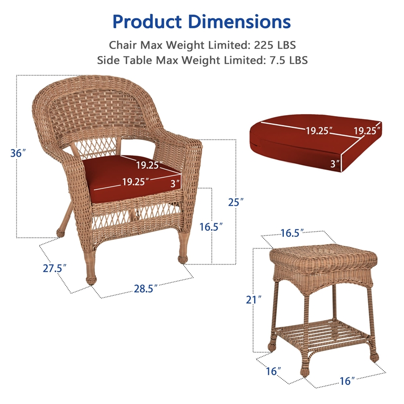 Jeco 3pc Wicker Chair and End Table Set in Honey with Red Orange Chair Cushion