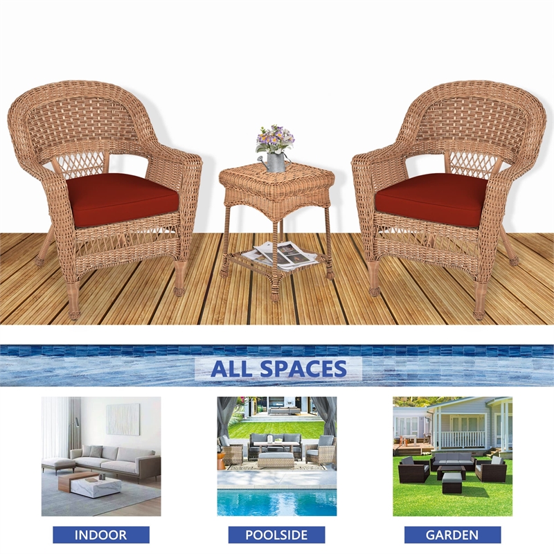 Jeco 3pc Wicker Chair and End Table Set in Honey with Red Orange Chair Cushion