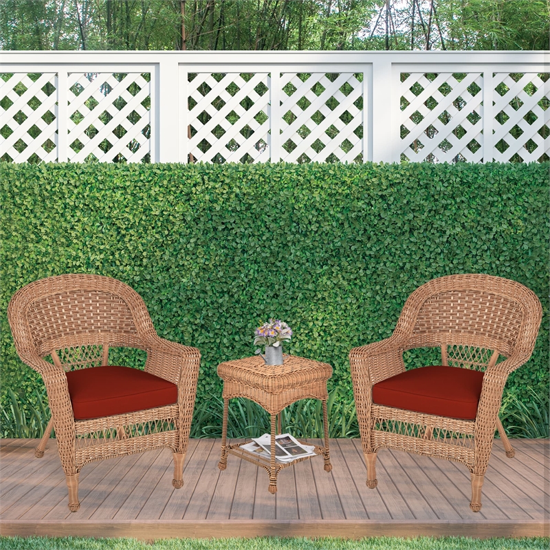 Jeco 3pc Wicker Chair and End Table Set in Honey with Red Orange Chair Cushion