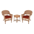 Jeco 3pc Wicker Chair and End Table Set in Honey with Red Orange Chair Cushion