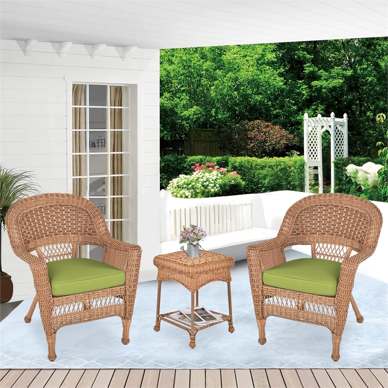 Jeco 3 Piece Resin Wicker Patio Conversation Set in Honey and Green