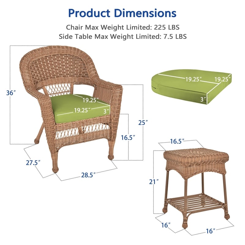 Jeco 3 Piece Resin Wicker Patio Conversation Set in Honey and Green