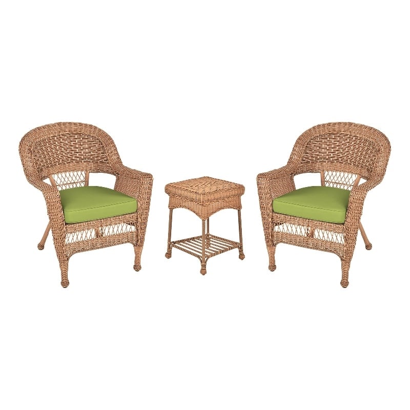 Jeco 3 Piece Resin Wicker Patio Conversation Set in Honey and Green