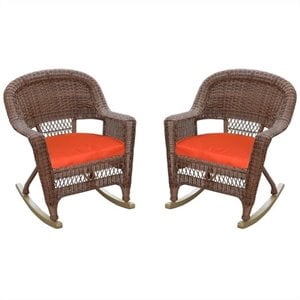 Jeco Wicker Chair in Honey with Red Cushion (Set of 4)