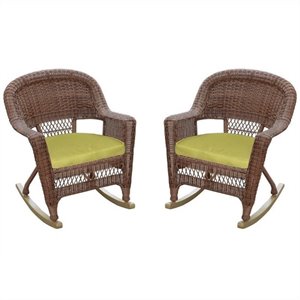 Jeco Wicker Chair in Honey with Green Cushion (Set of 4)