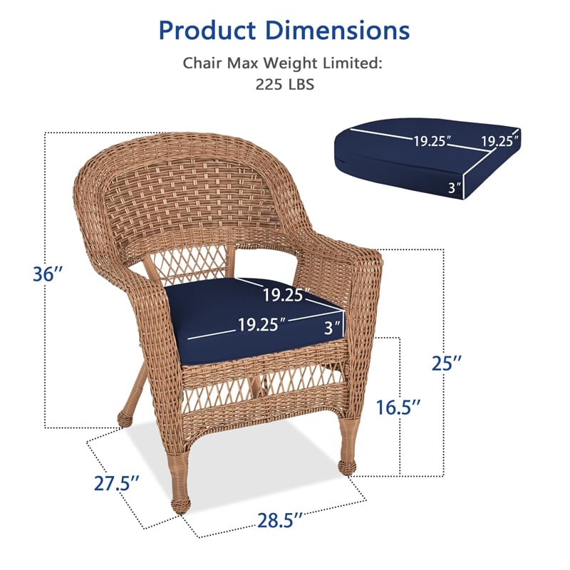 Jeco Wicker Chair in Honey with Blue Cushion (Set of 2)