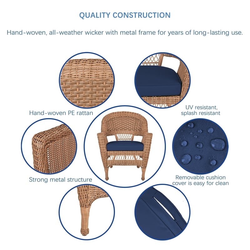 Jeco Wicker Chair in Honey with Blue Cushion (Set of 2)