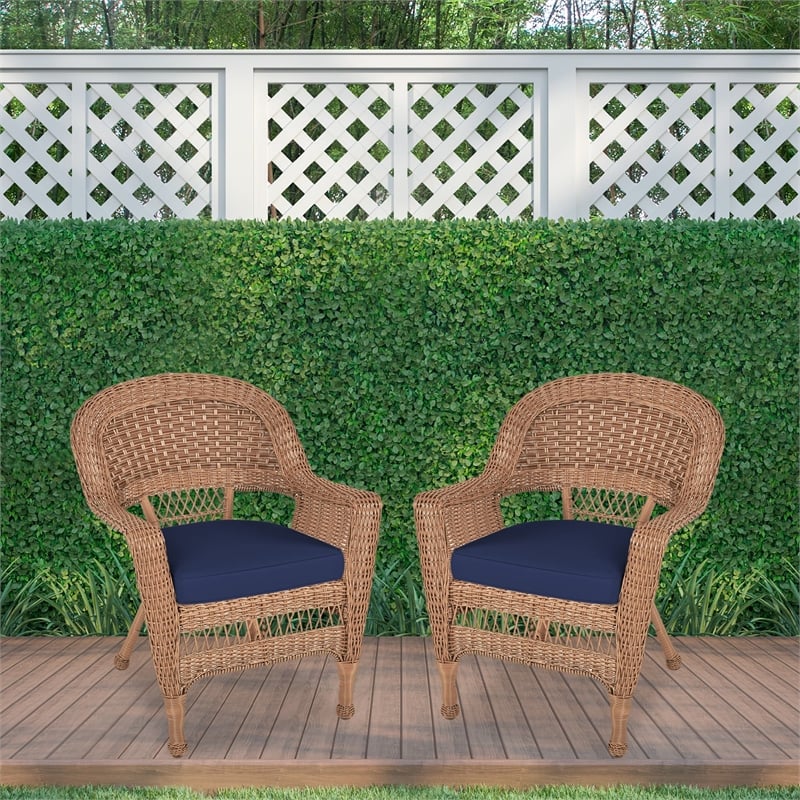 Jeco Wicker Chair in Honey with Blue Cushion (Set of 2)