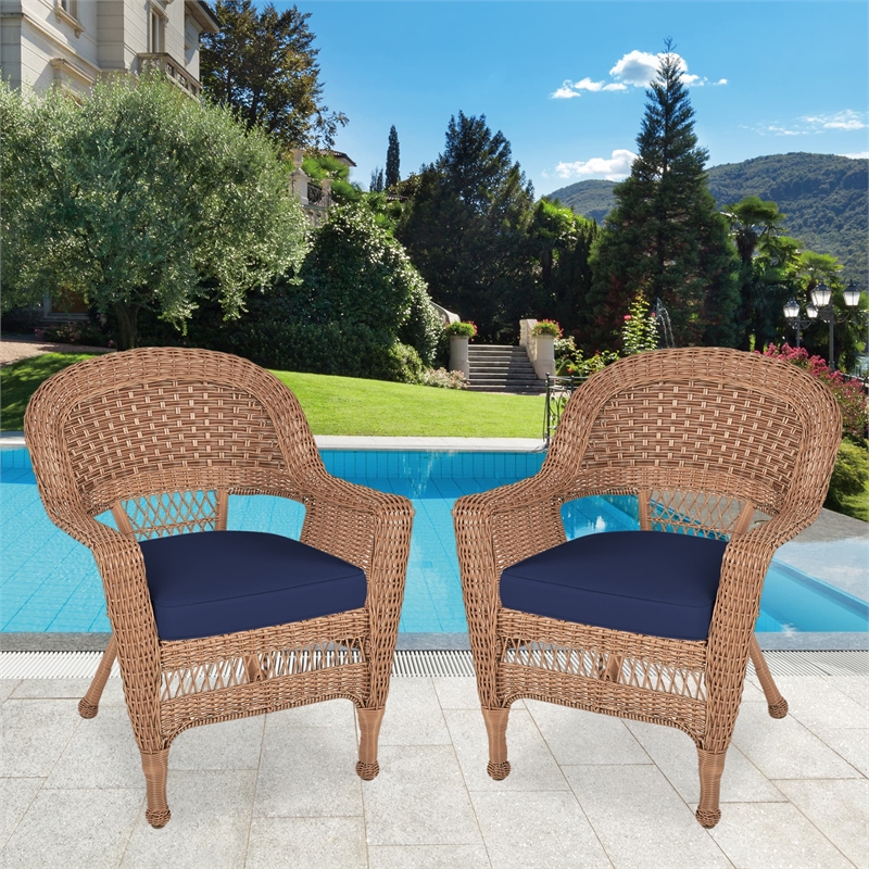 Jeco Wicker Chair in Honey with Blue Cushion (Set of 2)