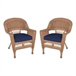 Jeco Wicker Chair in Honey with Blue Cushion (Set of 2)